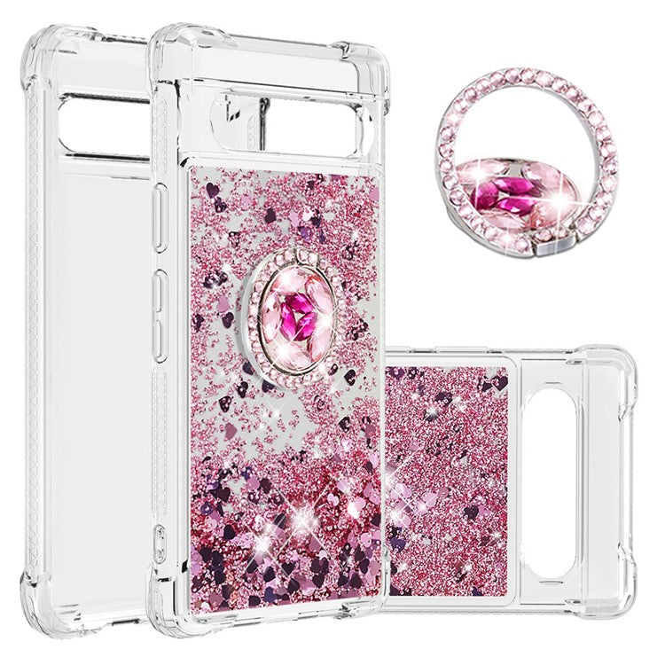 For Google Pixel 7a YB Quicksand Series-7 Liquid Quicksand TPU Phone Case Ring Kickstand Anti-drop Cover - Rose Gold  /  Hearts
