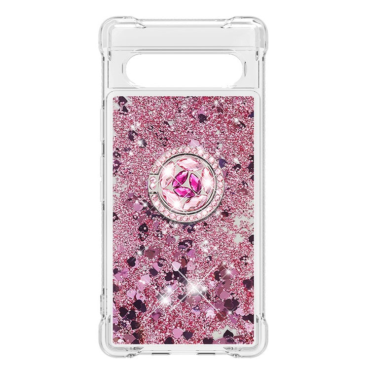 For Google Pixel 7a YB Quicksand Series-7 Liquid Quicksand TPU Phone Case Ring Kickstand Anti-drop Cover - Rose Gold  /  Hearts