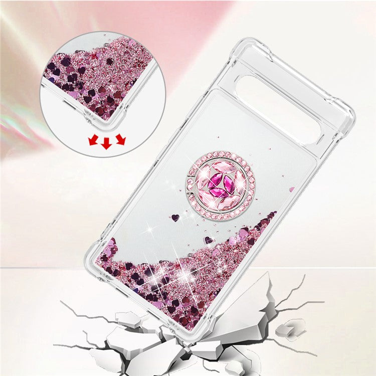 For Google Pixel 7a YB Quicksand Series-7 Liquid Quicksand TPU Phone Case Ring Kickstand Anti-drop Cover - Rose Gold  /  Hearts