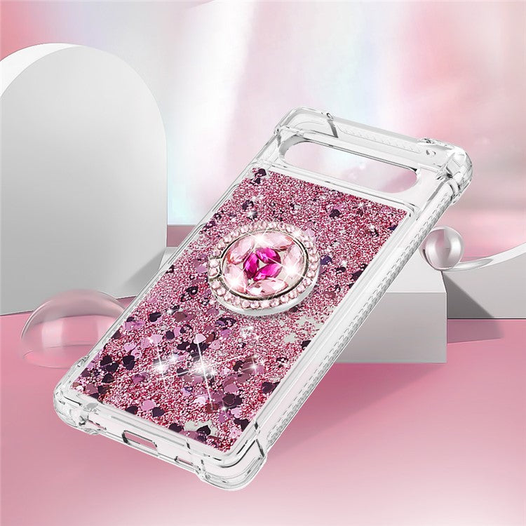 For Google Pixel 7a YB Quicksand Series-7 Liquid Quicksand TPU Phone Case Ring Kickstand Anti-drop Cover - Rose Gold  /  Hearts