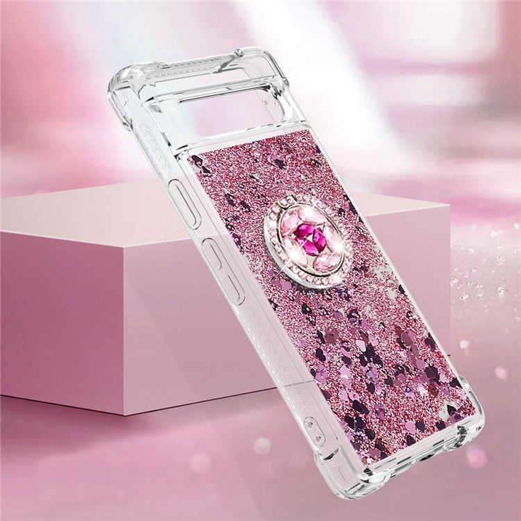 For Google Pixel 7a YB Quicksand Series-7 Liquid Quicksand TPU Phone Case Ring Kickstand Anti-drop Cover - Rose Gold  /  Hearts