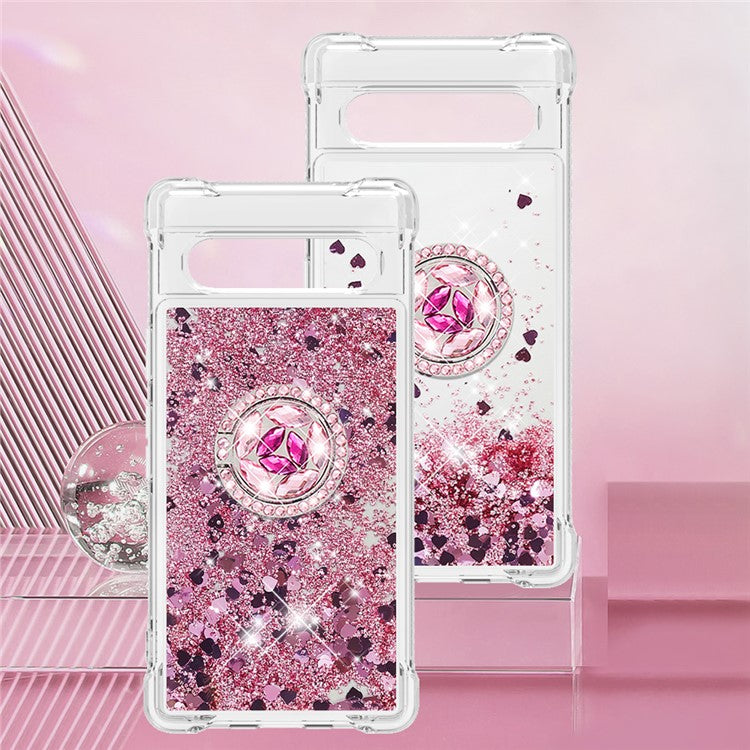 For Google Pixel 7a YB Quicksand Series-7 Liquid Quicksand TPU Phone Case Ring Kickstand Anti-drop Cover - Rose Gold  /  Hearts