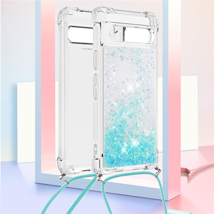YB Quicksand Series-4 for Google Pixel 7a 5G Liquid Quicksand Phone Protective Case Soft TPU Drop-proof Cover with Lanyard - Blue / Pentagram
