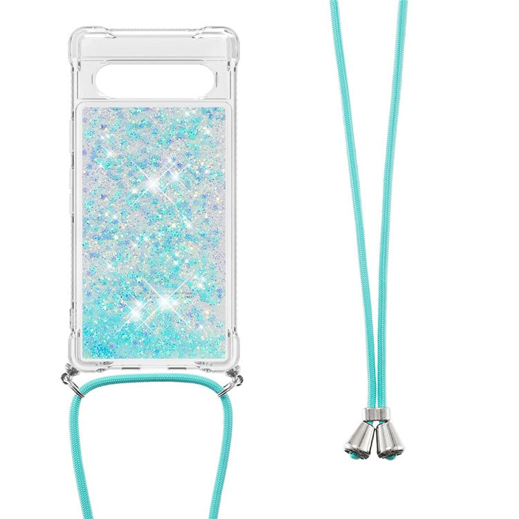 YB Quicksand Series-4 for Google Pixel 7a 5G Liquid Quicksand Phone Protective Case Soft TPU Drop-proof Cover with Lanyard - Blue / Pentagram