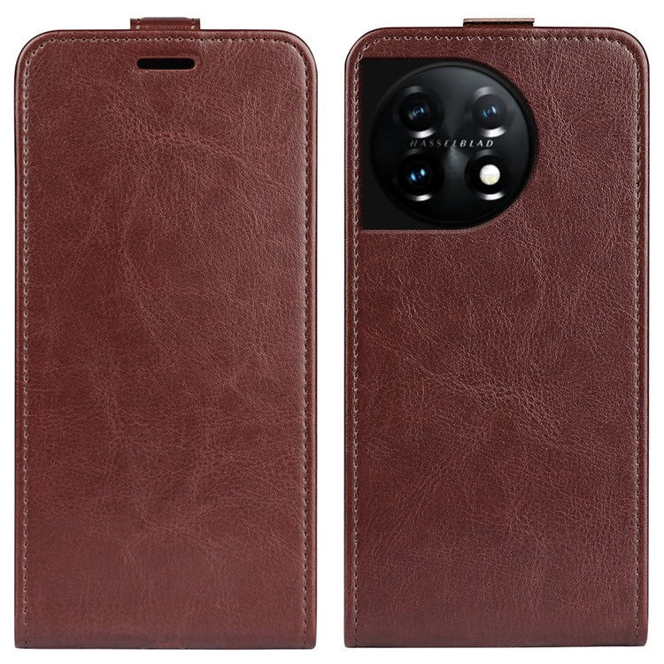 For OnePlus 11 5G Crazy Horse Texture PU Leather Anti-drop Phone Case with Card Slot Dual Magnetic Clasp Vertical Flip Phone Cover - Brown