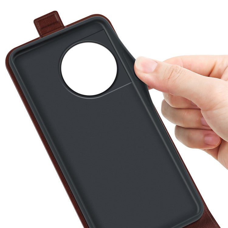 For OnePlus 11 5G Crazy Horse Texture PU Leather Anti-drop Phone Case with Card Slot Dual Magnetic Clasp Vertical Flip Phone Cover - Brown