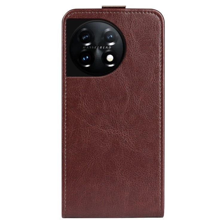 For OnePlus 11 5G Crazy Horse Texture PU Leather Anti-drop Phone Case with Card Slot Dual Magnetic Clasp Vertical Flip Phone Cover - Brown