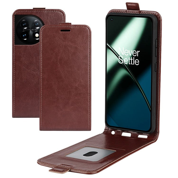 For OnePlus 11 5G Crazy Horse Texture PU Leather Anti-drop Phone Case with Card Slot Dual Magnetic Clasp Vertical Flip Phone Cover - Brown