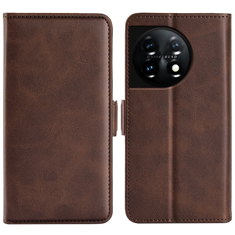 For OnePlus 11 5G Calf Texture PU Leather Phone Case Dual Magnetic Clasp Protective Cover with Stand Wallet - Brown