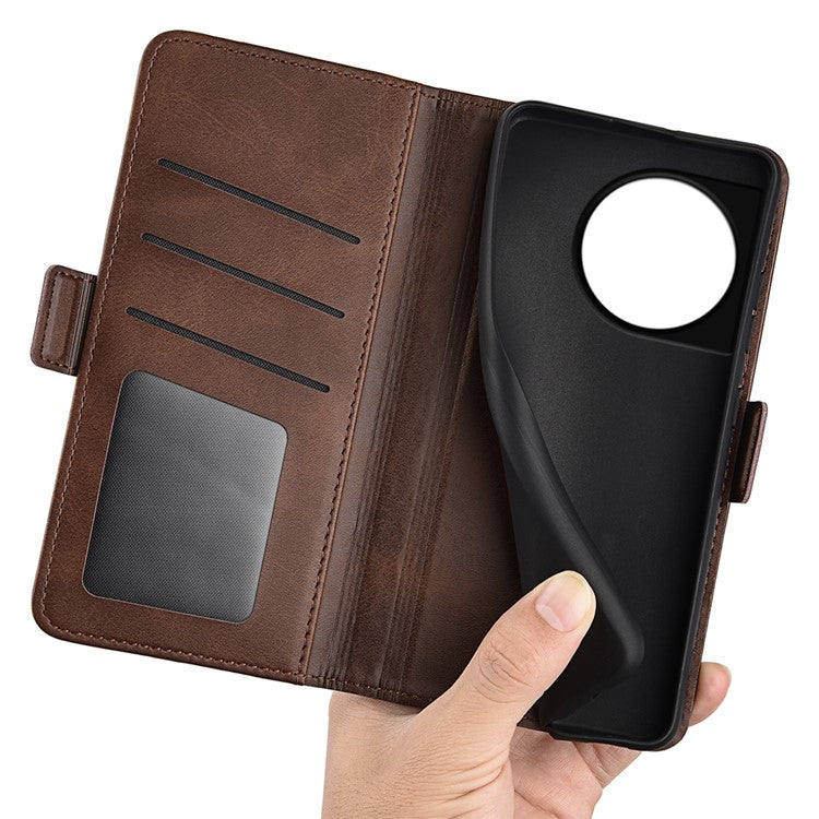For OnePlus 11 5G Calf Texture PU Leather Phone Case Dual Magnetic Clasp Protective Cover with Stand Wallet - Brown