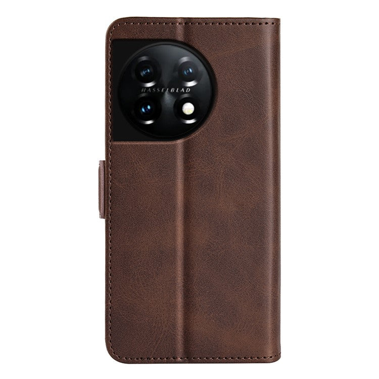 For OnePlus 11 5G Calf Texture PU Leather Phone Case Dual Magnetic Clasp Protective Cover with Stand Wallet - Brown