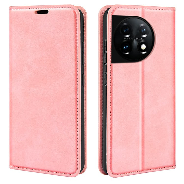For OnePlus 11 5G Skin-touch Feeling Magnetic Auto-absorbed Wallet Case Fully Wrapped PU Leather Stand Flip Phone Cover - Pink