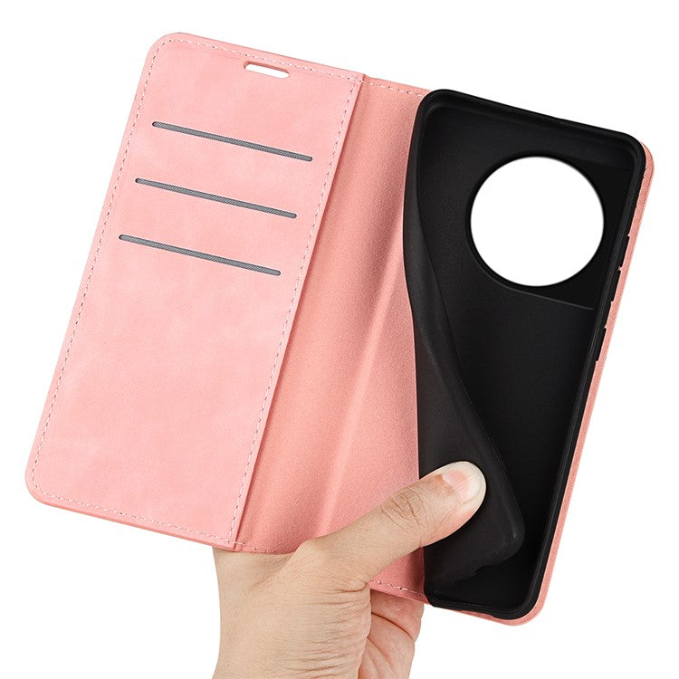 For OnePlus 11 5G Skin-touch Feeling Magnetic Auto-absorbed Wallet Case Fully Wrapped PU Leather Stand Flip Phone Cover - Pink