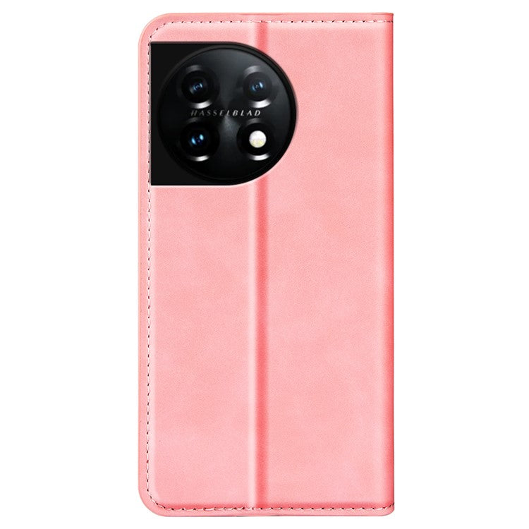 For OnePlus 11 5G Skin-touch Feeling Magnetic Auto-absorbed Wallet Case Fully Wrapped PU Leather Stand Flip Phone Cover - Pink