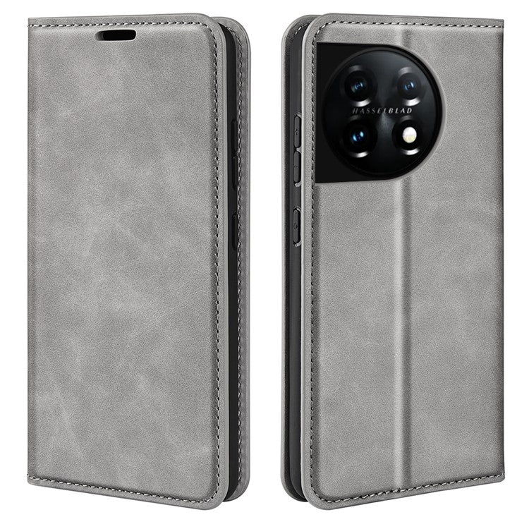 For OnePlus 11 5G Skin-touch Feeling Magnetic Auto-absorbed Wallet Case Fully Wrapped PU Leather Stand Flip Phone Cover - Grey