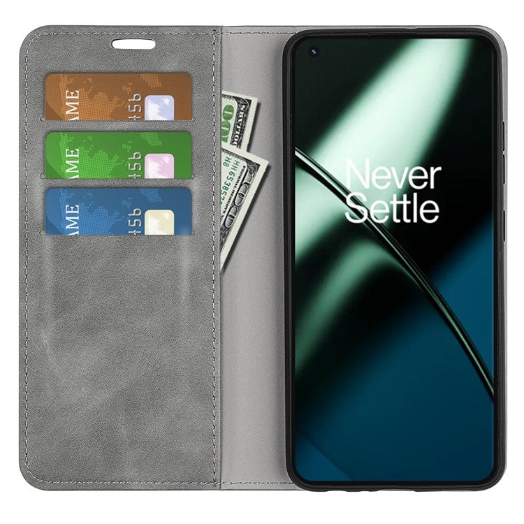 For OnePlus 11 5G Skin-touch Feeling Magnetic Auto-absorbed Wallet Case Fully Wrapped PU Leather Stand Flip Phone Cover - Grey