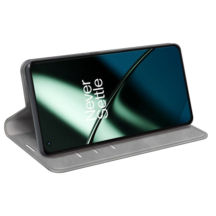 For OnePlus 11 5G Skin-touch Feeling Magnetic Auto-absorbed Wallet Case Fully Wrapped PU Leather Stand Flip Phone Cover - Grey