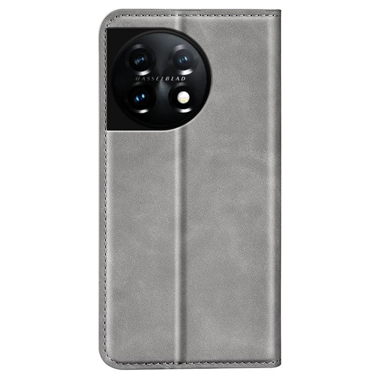 For OnePlus 11 5G Skin-touch Feeling Magnetic Auto-absorbed Wallet Case Fully Wrapped PU Leather Stand Flip Phone Cover - Grey