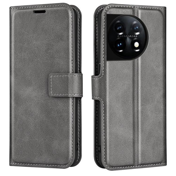 Shockproof Phone Case For OnePlus 11 5G, PU Leather Stand Wallet Calf Texture Square Magnetic Clasp Phone Cover - Grey