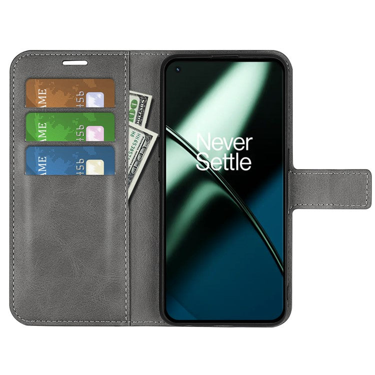 Shockproof Phone Case For OnePlus 11 5G, PU Leather Stand Wallet Calf Texture Square Magnetic Clasp Phone Cover - Grey