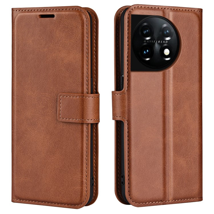 Shockproof Phone Case For OnePlus 11 5G, PU Leather Stand Wallet Calf Texture Square Magnetic Clasp Phone Cover - Light Brown