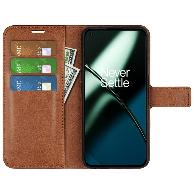 Shockproof Phone Case For OnePlus 11 5G, PU Leather Stand Wallet Calf Texture Square Magnetic Clasp Phone Cover - Light Brown