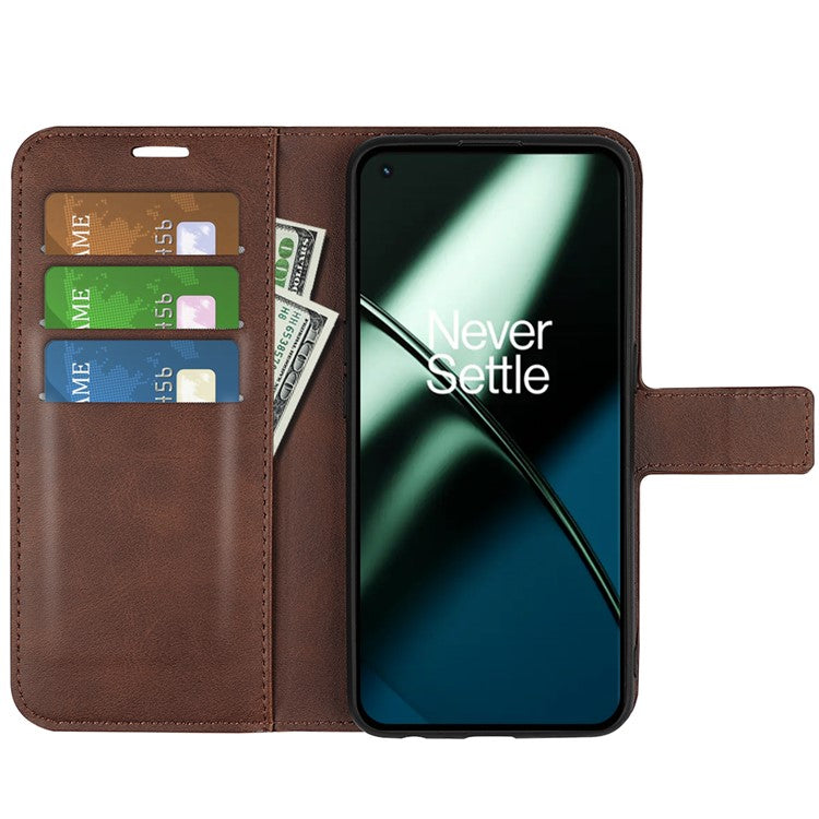 Shockproof Phone Case For OnePlus 11 5G, PU Leather Stand Wallet Calf Texture Square Magnetic Clasp Phone Cover - Dark Brown