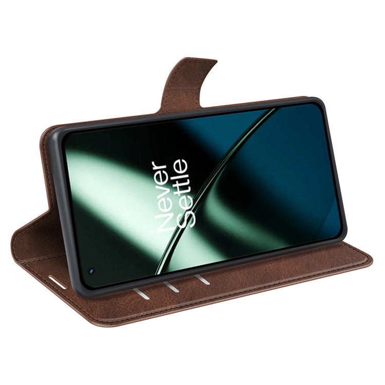 Shockproof Phone Case For OnePlus 11 5G, PU Leather Stand Wallet Calf Texture Square Magnetic Clasp Phone Cover - Dark Brown