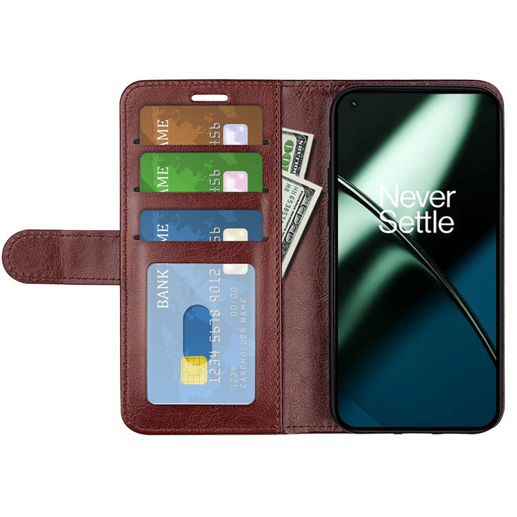 For OnePlus 11 5G Full Protection Crazy Horse Texture PU Leather Magnetic Phone Case Stand Wallet Flip Phone Cover - Brown