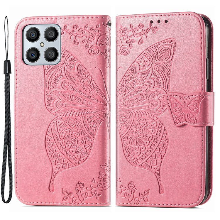 For Honor X8 4G PU Leather Phone Case Imprinted Butterfly Pattern Well-protected Stand Wallet Flip Magnetic Closure Phone Cover - Pink