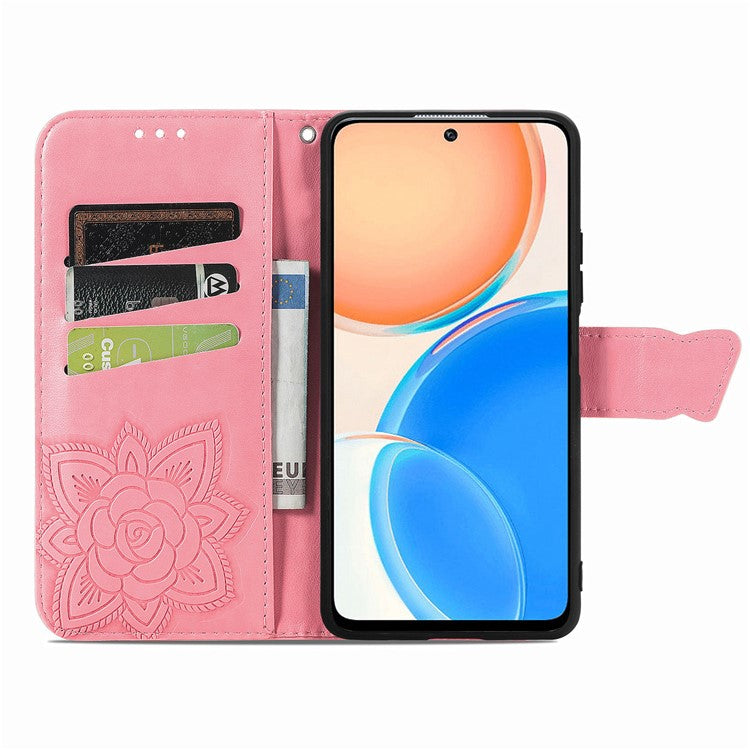 For Honor X8 4G PU Leather Phone Case Imprinted Butterfly Pattern Well-protected Stand Wallet Flip Magnetic Closure Phone Cover - Pink
