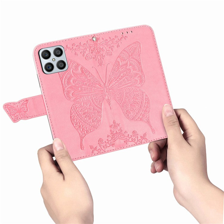 For Honor X8 4G PU Leather Phone Case Imprinted Butterfly Pattern Well-protected Stand Wallet Flip Magnetic Closure Phone Cover - Pink