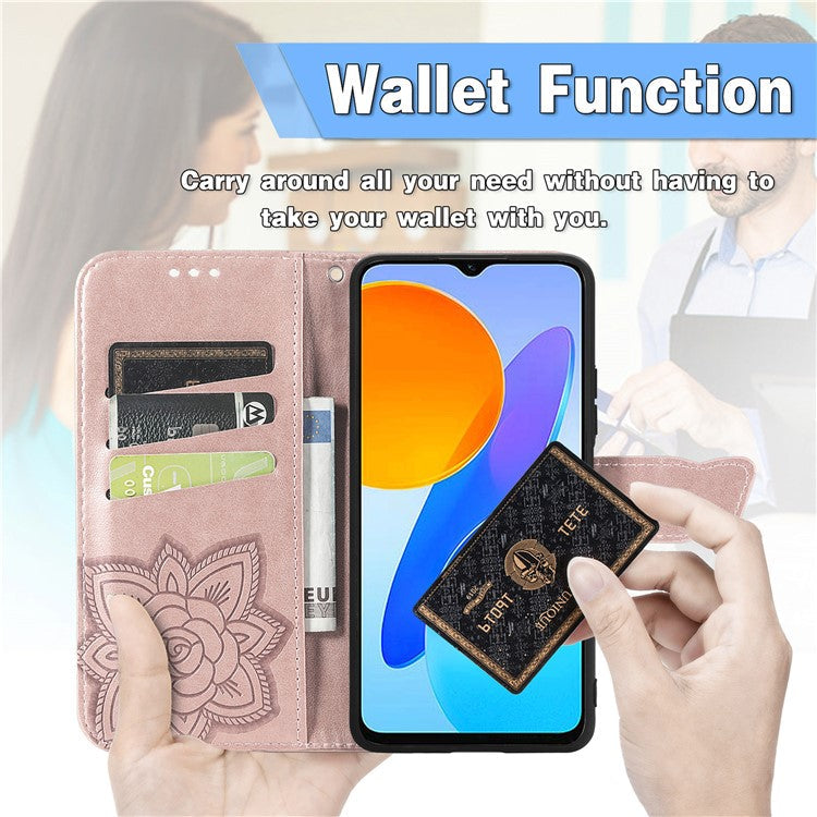 For Honor X8 5G PU Leather Protective Phone Case Imprinted Butterfly Pattern Shockproof Flip Phone Cover with Stand Wallet - Rose Gold