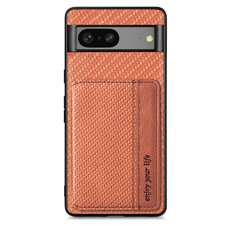 For Google Pixel 7a PU Leather Coated PC+TPU Magnetic Phone Cover Carbon Fiber Texture Shockproof Anti-sratch Phone Case Wallet Kickstand - Brown