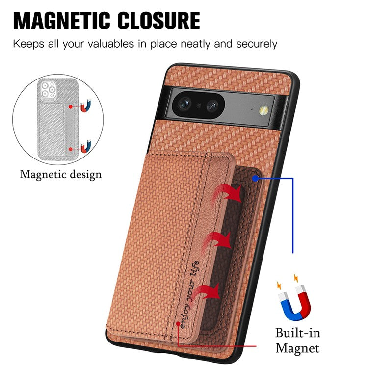 For Google Pixel 7a PU Leather Coated PC+TPU Magnetic Phone Cover Carbon Fiber Texture Shockproof Anti-sratch Phone Case Wallet Kickstand - Brown