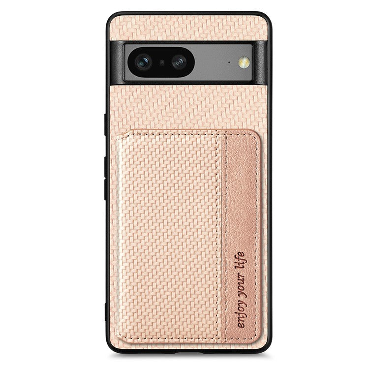 For Google Pixel 7a PU Leather Coated PC+TPU Magnetic Phone Cover Carbon Fiber Texture Shockproof Anti-sratch Phone Case Wallet Kickstand - Khaki
