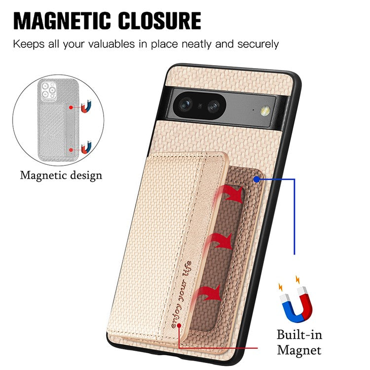 For Google Pixel 7a PU Leather Coated PC+TPU Magnetic Phone Cover Carbon Fiber Texture Shockproof Anti-sratch Phone Case Wallet Kickstand - Khaki