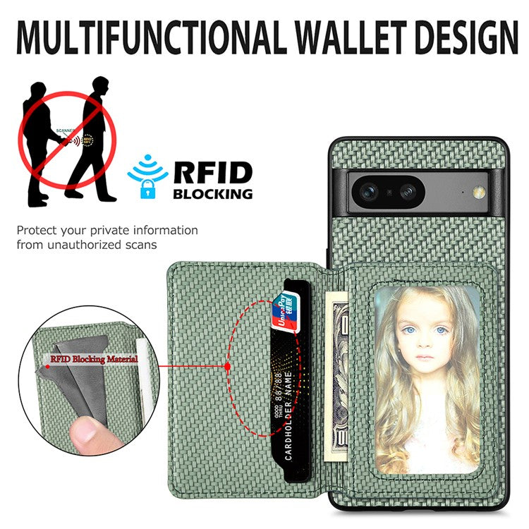 For Google Pixel 7a PU Leather Coated PC+TPU Magnetic Phone Cover Carbon Fiber Texture Shockproof Anti-sratch Phone Case Wallet Kickstand - Khaki