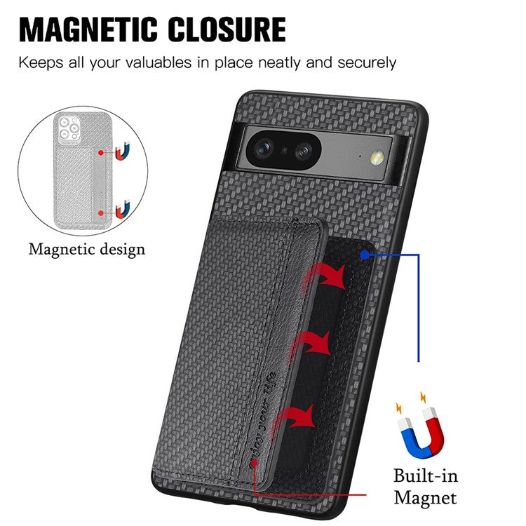 For Google Pixel 7a PU Leather Coated PC+TPU Magnetic Phone Cover Carbon Fiber Texture Shockproof Anti-sratch Phone Case Wallet Kickstand - Black