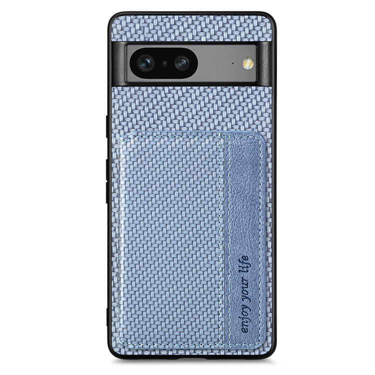 For Google Pixel 7a PU Leather Coated PC+TPU Magnetic Phone Cover Carbon Fiber Texture Shockproof Anti-sratch Phone Case Wallet Kickstand - Blue