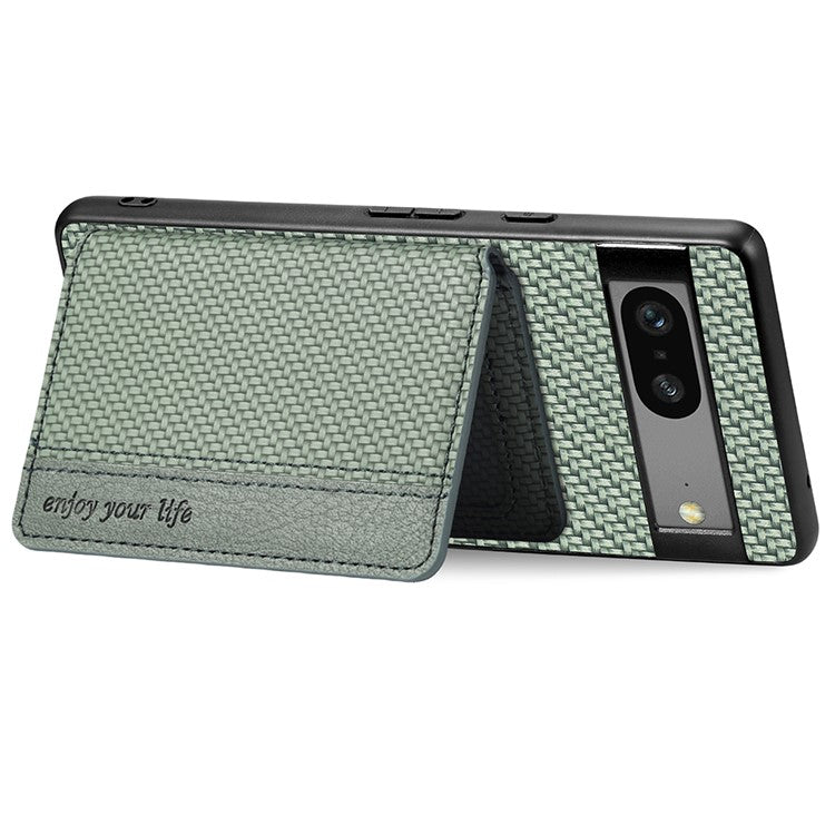 For Google Pixel 7a PU Leather Coated PC+TPU Magnetic Phone Cover Carbon Fiber Texture Shockproof Anti-sratch Phone Case Wallet Kickstand - Blue