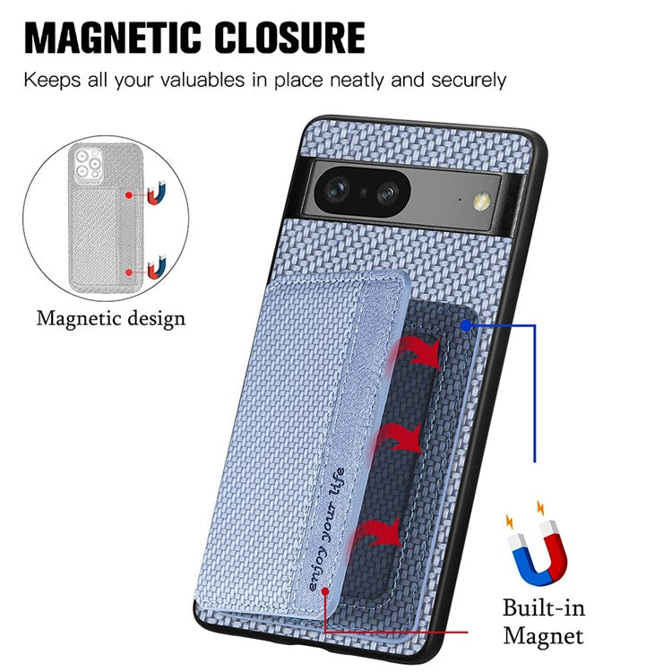 For Google Pixel 7a PU Leather Coated PC+TPU Magnetic Phone Cover Carbon Fiber Texture Shockproof Anti-sratch Phone Case Wallet Kickstand - Blue