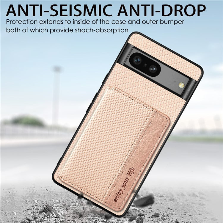 For Google Pixel 7a PU Leather Coated PC+TPU Magnetic Phone Cover Carbon Fiber Texture Shockproof Anti-sratch Phone Case Wallet Kickstand - Blue