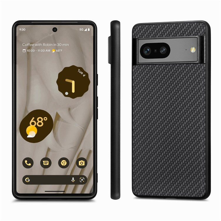 For Google Pixel 7a 5G Carbon Fiber Texture Phone Back Case PU Leather Coated PC+TPU Shockproof Cover - Black