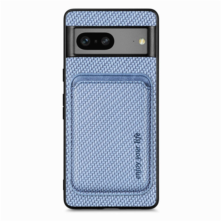 For Google Pixel 7a 5G Carbon Fiber Texture Drop-proof Case Detachable Magnetic Card Holder PC + TPU + PU Leather Protective Cover - Blue