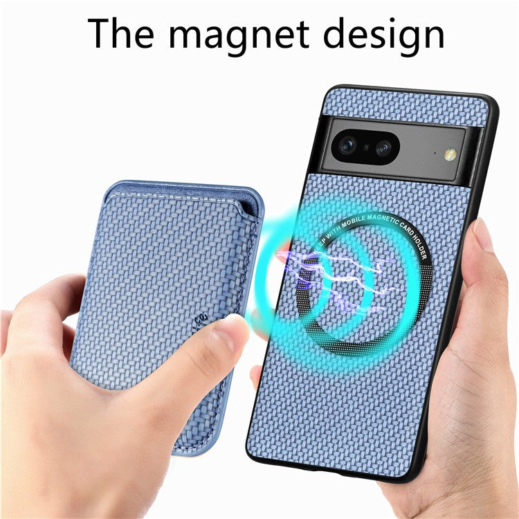 For Google Pixel 7a 5G Carbon Fiber Texture Drop-proof Case Detachable Magnetic Card Holder PC + TPU + PU Leather Protective Cover - Blue