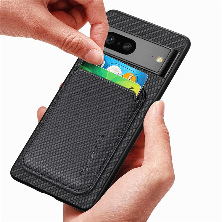 For Google Pixel 7a 5G Carbon Fiber Texture Drop-proof Case Detachable Magnetic Card Holder PC + TPU + PU Leather Protective Cover - Black