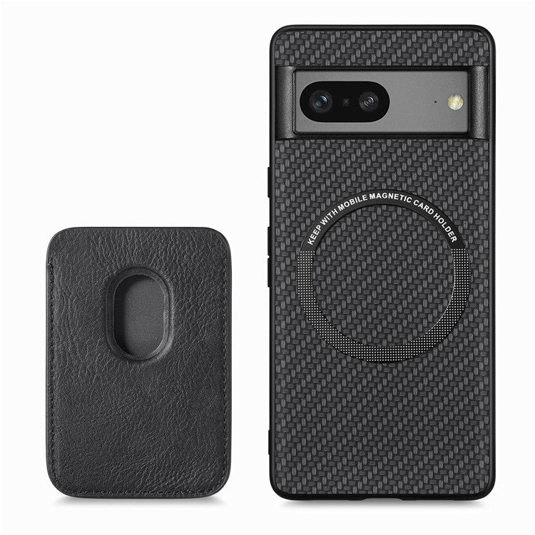 For Google Pixel 7a 5G Carbon Fiber Texture Drop-proof Case Detachable Magnetic Card Holder PC + TPU + PU Leather Protective Cover - Black