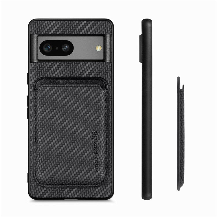 For Google Pixel 7a 5G Carbon Fiber Texture Drop-proof Case Detachable Magnetic Card Holder PC + TPU + PU Leather Protective Cover - Black