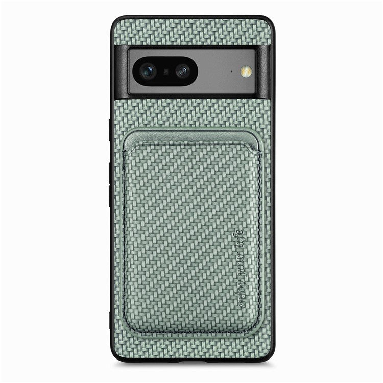 For Google Pixel 7a 5G Carbon Fiber Texture Drop-proof Case Detachable Magnetic Card Holder PC + TPU + PU Leather Protective Cover - Green